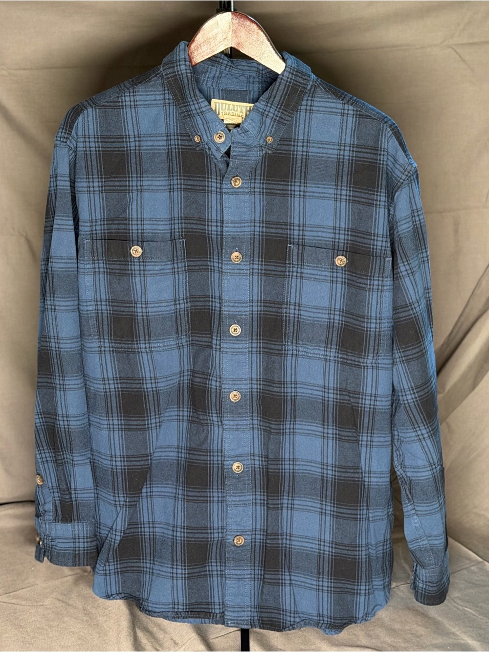 Duluth Trading Co Blue and Black Plaid Flannel Relaxed Button-Down Shirt - Men's